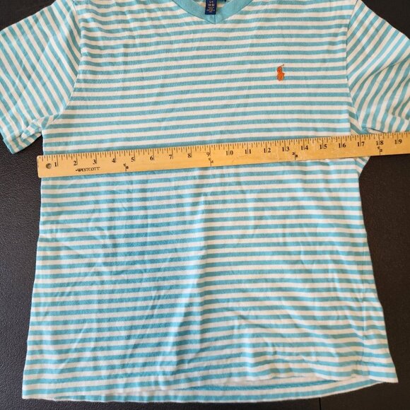Polo Ralph Lauren‎ V-Neck T-Shirt Girls Large Striped Turquoise White Stripe EUC - Picture 7 of 9